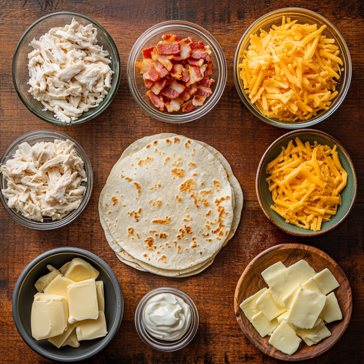 Flat-lay of homemade Chicken Bacon Ranch Quesadilla ingredients on a wooden surface, including shredded chicken, crispy bacon, cheddar cheese, flour tortillas, butter slices, and ranch dressing.
