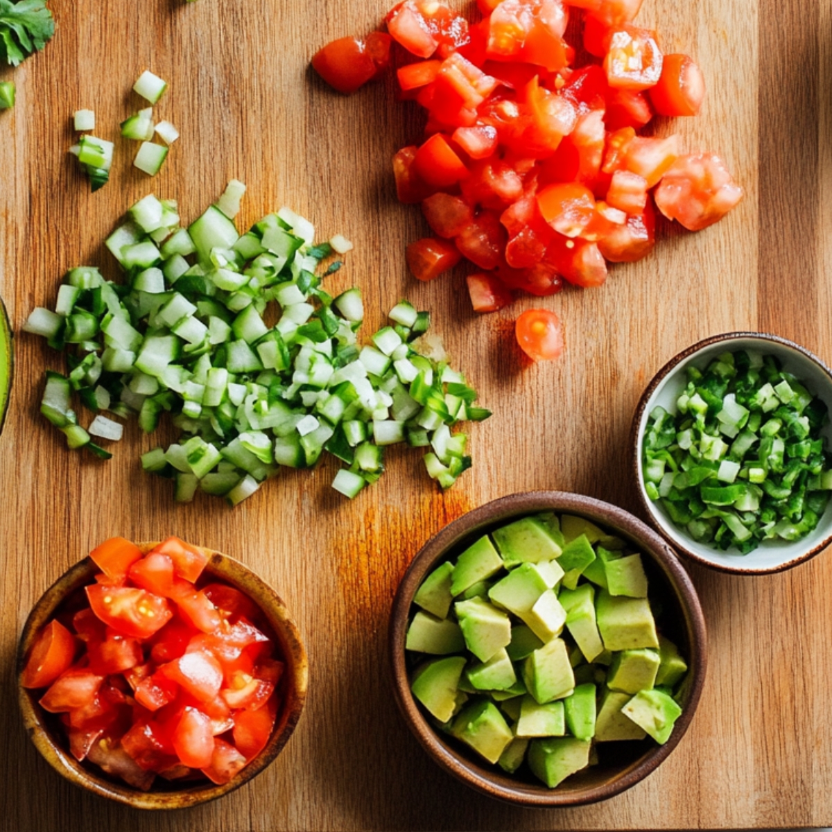 Chopped fresh ingredients on a wooden board for homemade chicken bacon ranch quesadillas, including diced tomatoes, avocado chunks, green onions, and herbs in small bowls.