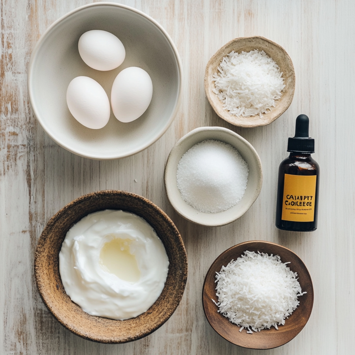 Top-down view of coconut meringue pie ingredients, including eggs, sugar, shredded coconut, extract bottle, and a bowl of creamy egg whites on a white wooden surface. Natural, homemade look.