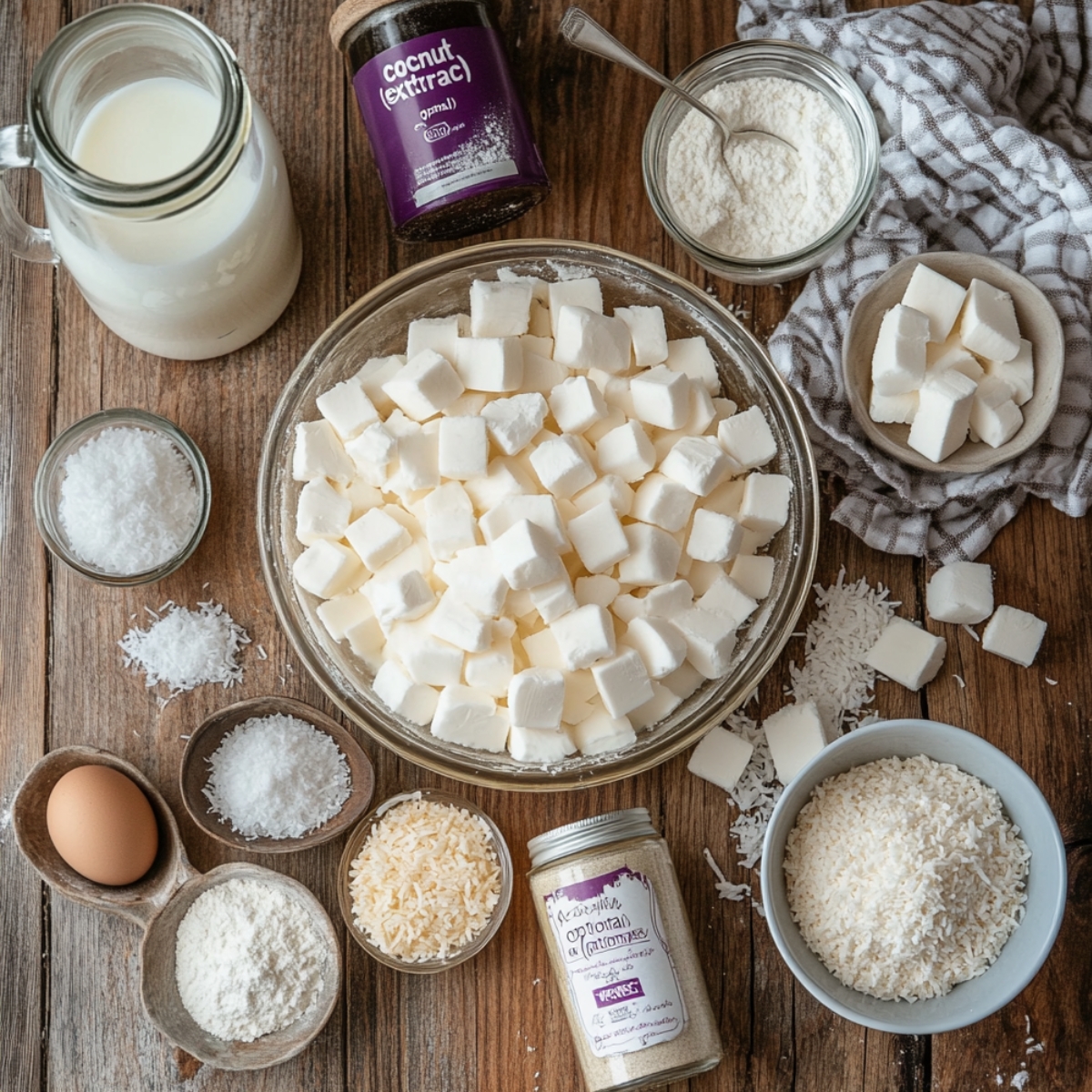 Top-down view of coconut meringue pie ingredients on a rustic wooden table, featuring cubed butter in a glass bowl, shredded and toasted coconut, flour, sugar, a brown egg, coconut extract, and a jar of milk. Cozy, homemade kitchen vibe with soft natural lighting.