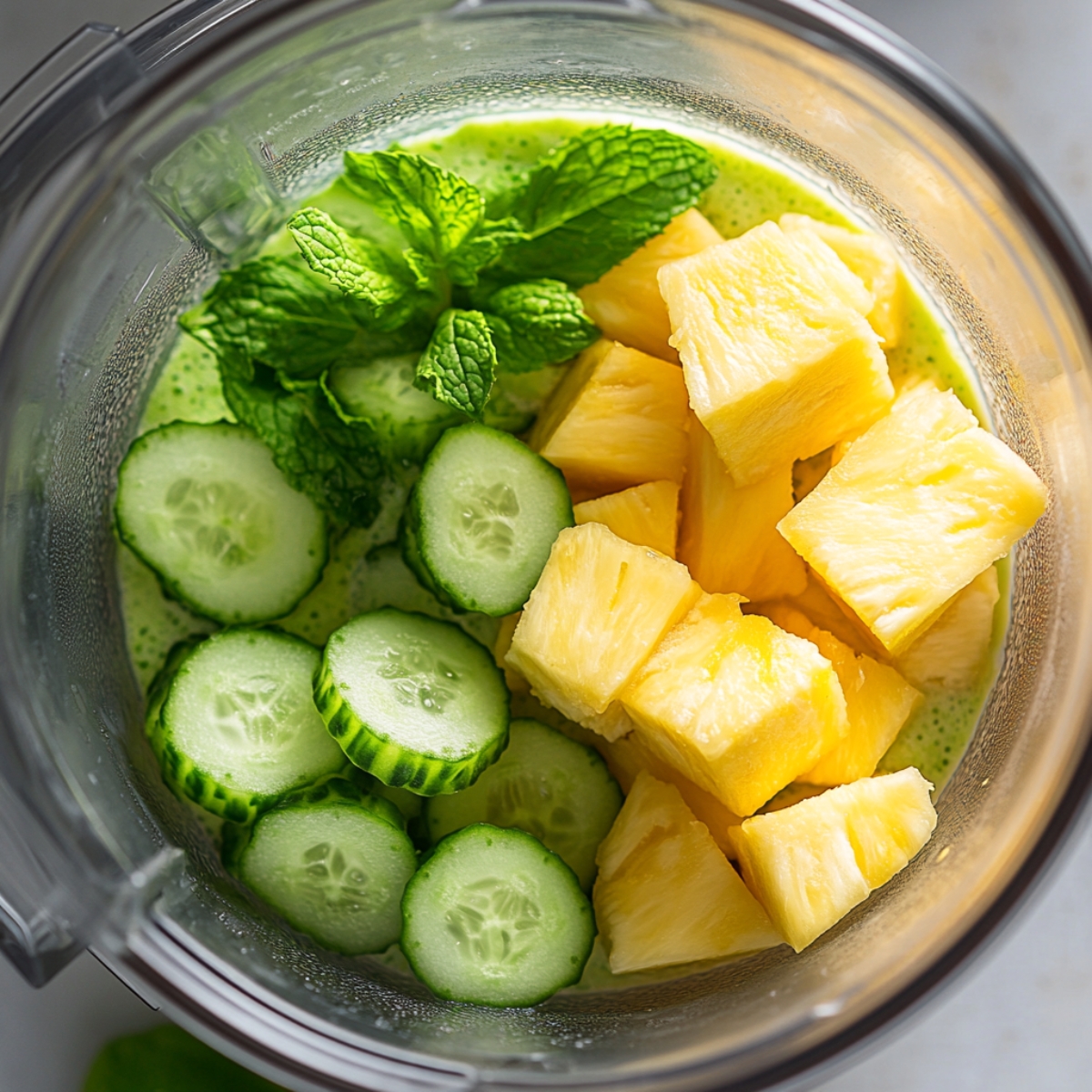 "A close-up view of a blender filled with fresh smoothie ingredients: cucumber slices, pineapple chunks, and fresh mint leaves. The light green liquid base hints at a refreshing, homemade smoothie."