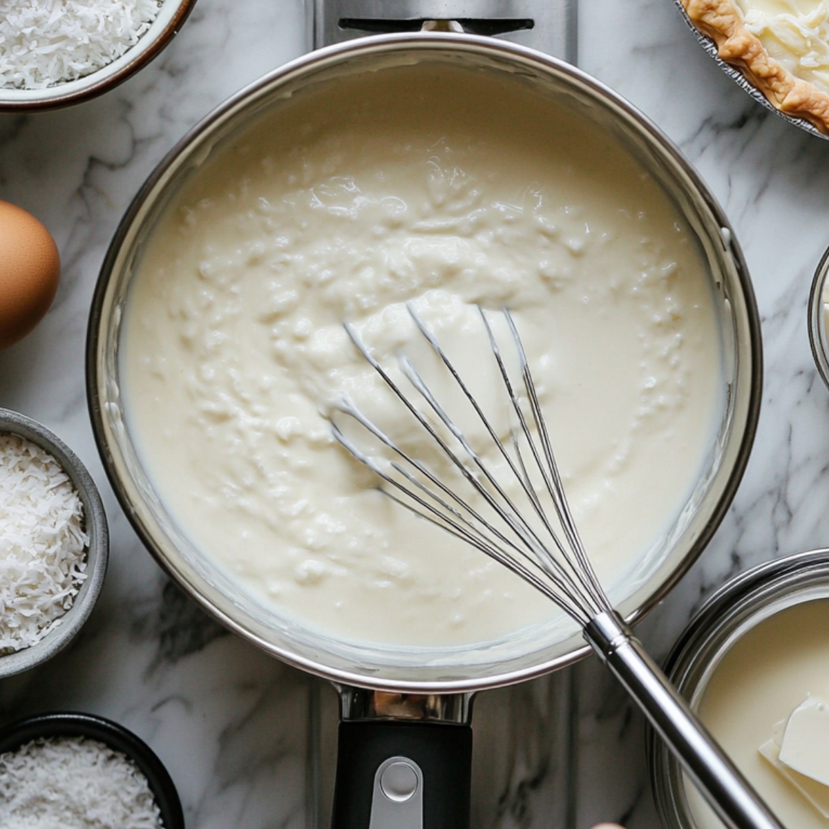 Creamy coconut custard being whisked in a saucepan, surrounded by shredded coconut, an egg, butter, and a partially baked pie crust on a marble countertop. Homemade baking scene.