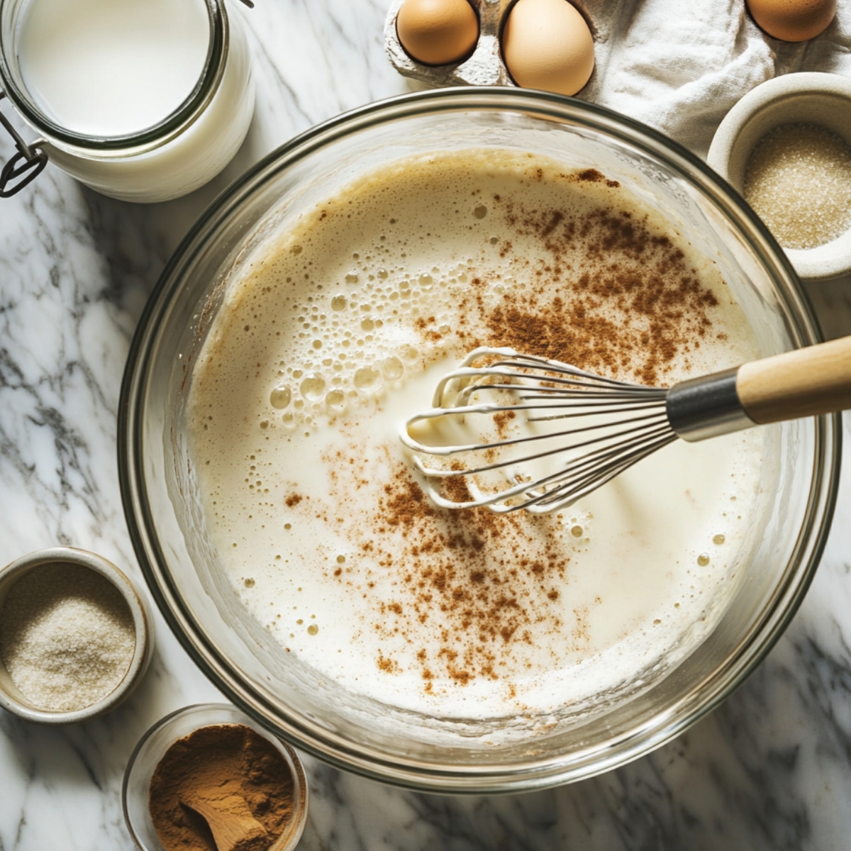 Whisk resting in a glass bowl of frothy egg and milk custard, sprinkled with cinnamon, surrounded by eggs, milk, sugar, and cinnamon on a marble countertop.