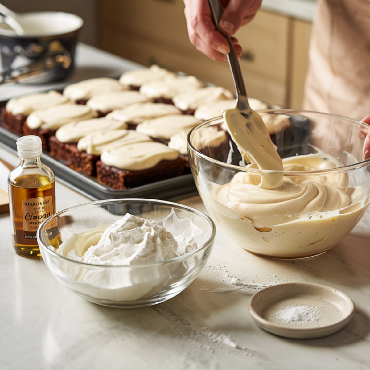 A person spreading creamy mascarpone topping over a tray of homemade tiramisu brownies in a home kitchen, with bowls of whipped cream, mascarpone mixture, vanilla extract, and a small dish of sugar nearby.