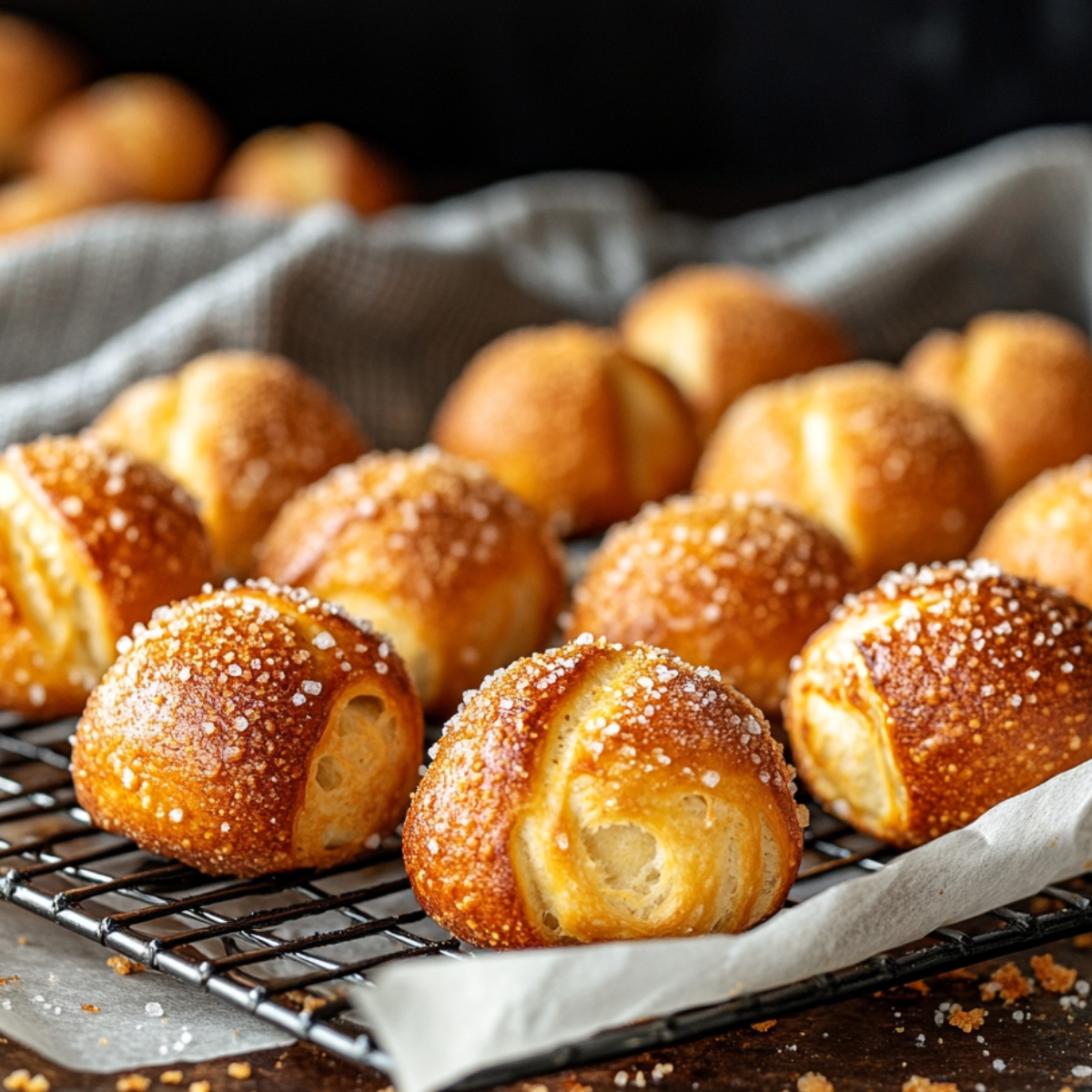 Golden homemade sourdough pretzel bites cooling on a wire rack, sprinkled with coarse salt, with a kitchen towel in the background and crumbs on the parchment — warm, imperfect, and fresh from the oven.