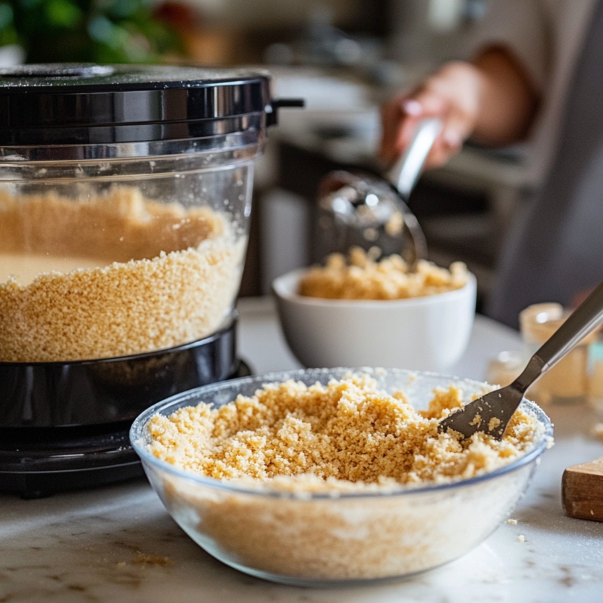 Graham cracker crumbs being prepared for strawberry crunch cheesecake crust in a home kitchen with a food processor and mixing bowls.