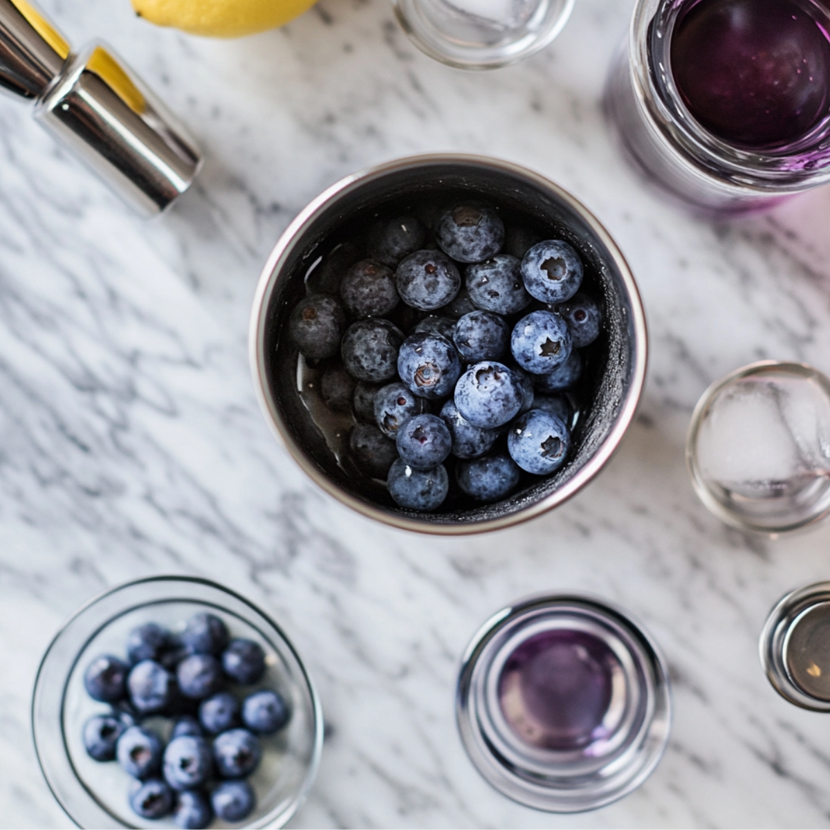 Overhead view of fresh blueberries in a metal shaker, surrounded by cocktail ingredients for a homemade blueberry lemon drop martini on a white marble countertop.