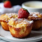 Homemade French toast muffins stacked on a plate, dusted with powdered sugar, with one bitten to reveal a soft, fluffy center. A fork and a blurred coffee cup sit in the background, adding a cozy breakfast feel.