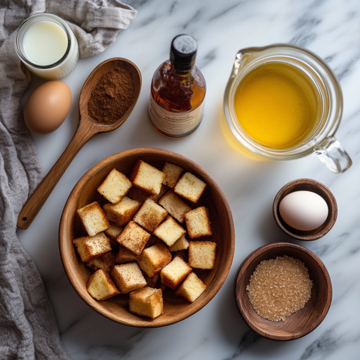 Top-down view of French toast muffin ingredients: brioche cubes, eggs, milk, cinnamon, brown sugar, and vanilla on a marble surface with a beige kitchen towel.
