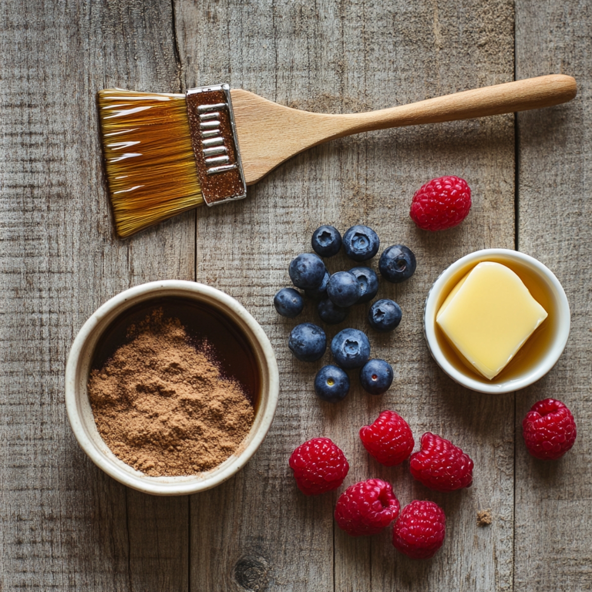 Rustic top-down view of French toast muffin toppings: cinnamon sugar in a bowl, melted butter in syrup, fresh blueberries and raspberries, and a syrup-coated pastry brush on a wooden table.