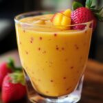 Homemade mango strawberry smoothie in a clear glass, topped with fresh mango chunks and a whole strawberry, with visible strawberry specks blended into the creamy golden smoothie.