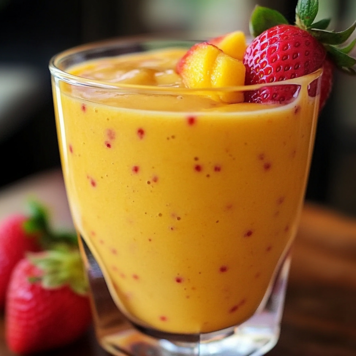Homemade mango strawberry smoothie in a clear glass, topped with fresh mango chunks and a whole strawberry, with visible strawberry specks blended into the creamy golden smoothie.