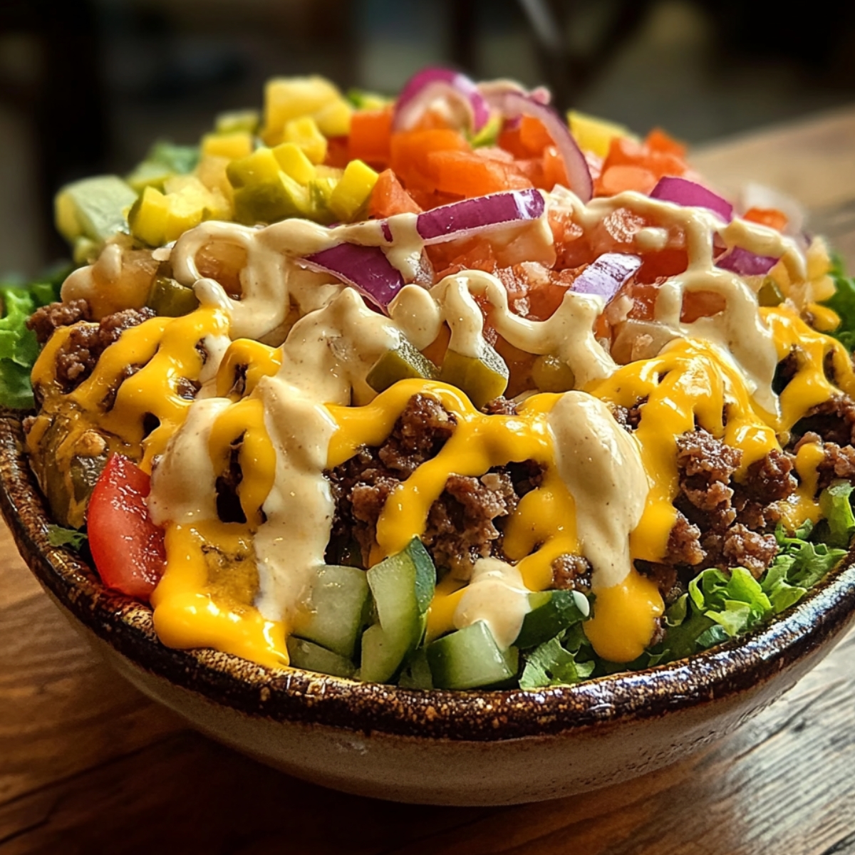 A hearty homemade cheeseburger bowl with ground beef, lettuce, tomatoes, cucumbers, avocado, corn, pickles, red onions, and drizzles of creamy dressing and cheddar cheese sauce, all served in a rustic ceramic bowl on a wooden table.
