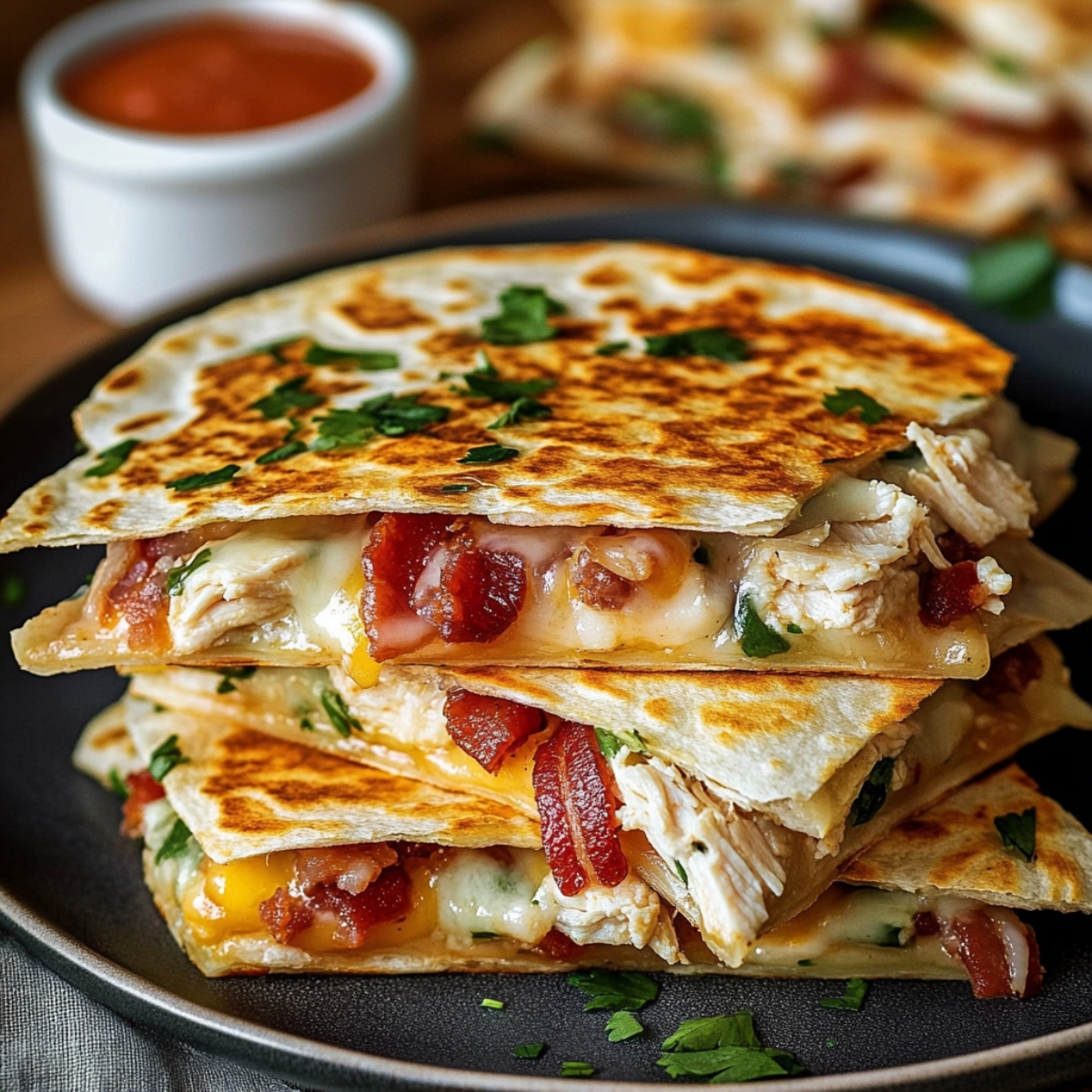 A stack of grilled chicken bacon ranch quesadillas, oozing melted cheese, with crispy bacon and juicy chicken inside golden tortillas, topped with chopped cilantro on a black plate.