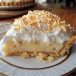 A slice of homemade coconut meringue pie with creamy coconut filling, fluffy meringue, and toasted coconut flakes on a crumbly golden crust, served on a white plate with a gold rim.