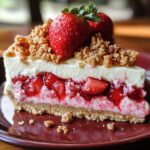 Homemade strawberry crunch cheesecake slice with layers of graham cracker crust, creamy filling, fresh strawberries, and crunchy topping, garnished with whole strawberries on a plate.