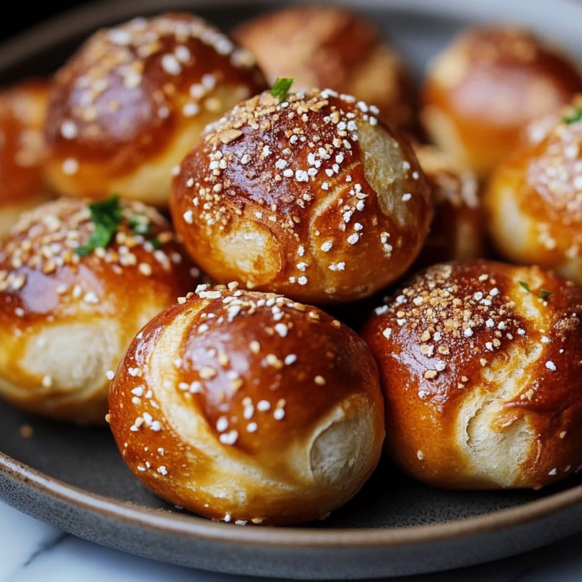 Homemade sourdough pretzel bites topped with sea salt and garlic on a ceramic plate.