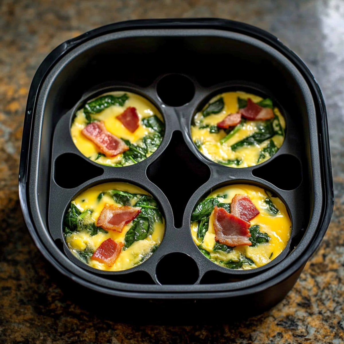 Portion the spinach, cheese, bacon, and shallots into the silicone molds. Place the molds into the air fryer basket and pour the egg mixture evenly into each of the molds.