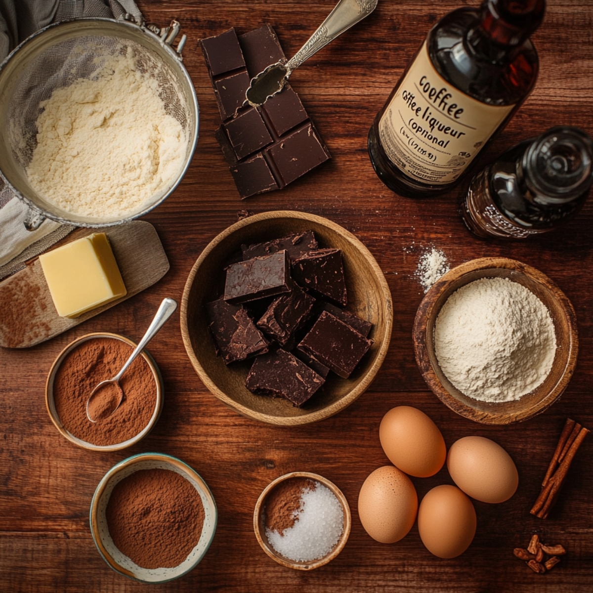 Tiramisu brownies ingredients laid out on a rustic wooden table, including chocolate chunks, flour, cocoa powder, eggs, butter, coffee liqueur, and vanilla.