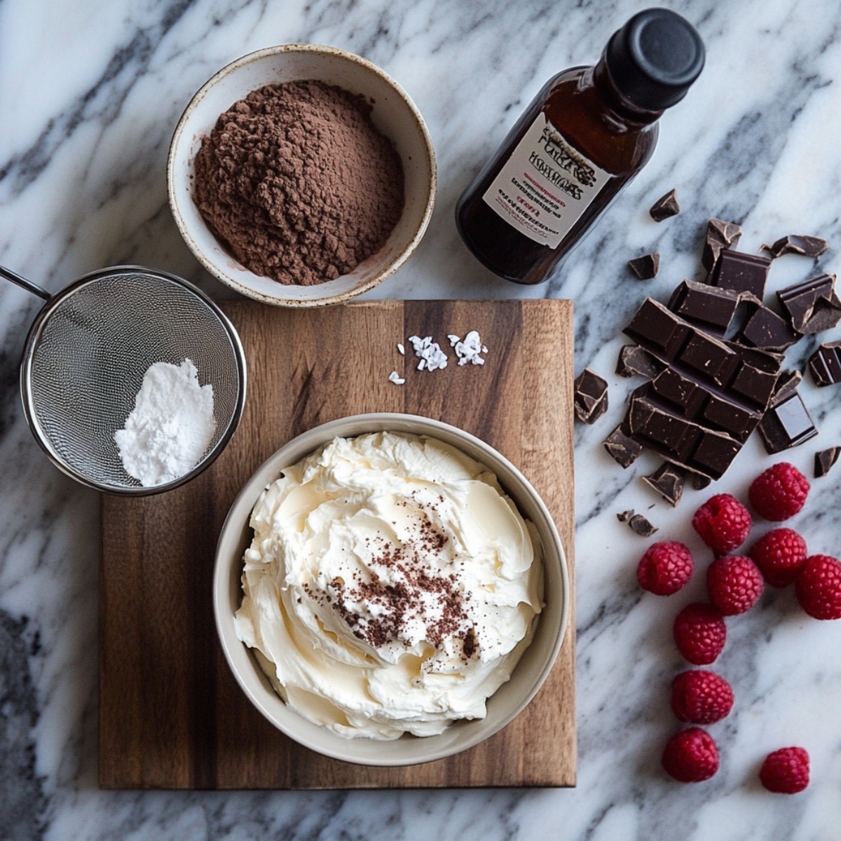 Real-life kitchen setup of tiramisu brownies ingredients on a marble counter, including mascarpone in a bowl, cocoa powder, powdered sugar in a sifter, chopped chocolate, fresh raspberries, vanilla extract, and flaky sea salt.