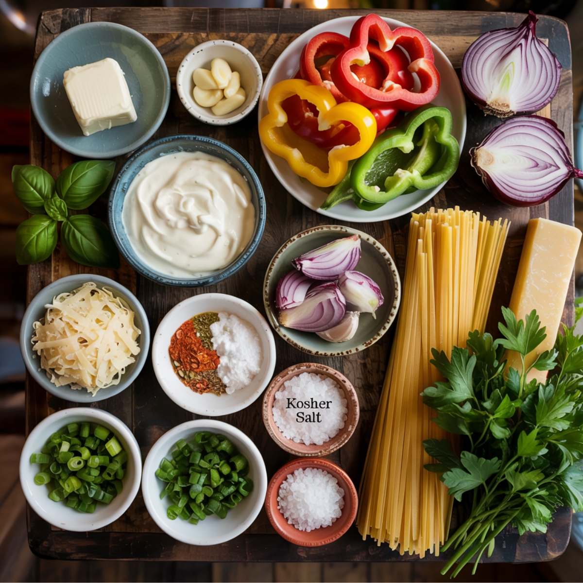 Fresh, homemade ingredients for Louisiana chicken pasta on a wooden table — bell peppers, red onion, garlic, butter, cream, Parmesan, green onions, herbs, pasta, Cajun seasoning, and kosher salt.