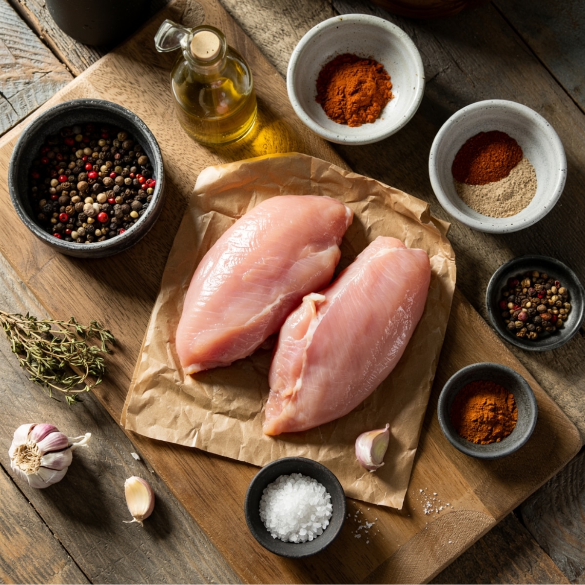 Raw chicken breasts with Cajun spices, garlic, thyme, olive oil, and salt on a rustic board for homemade Louisiana chicken pasta.