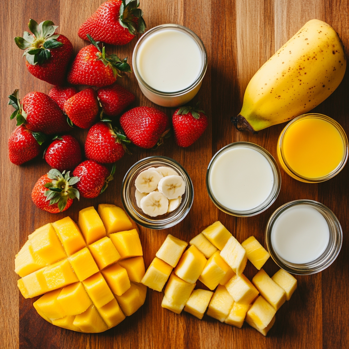 Fresh strawberries, mango cubes, banana, and various milk and juice options arranged on a wooden surface for a homemade smoothie.