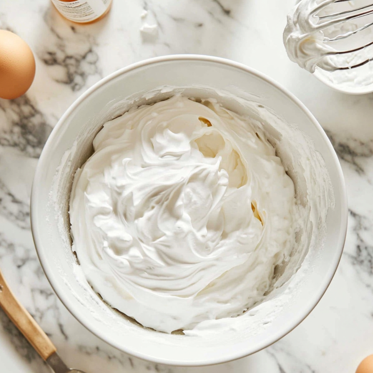 Bowl of fluffy, whipped meringue with stiff peaks on a marble countertop, surrounded by a whisk, egg, and vanilla bottle. Homemade baking scene.