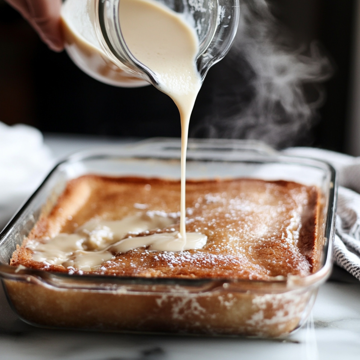 Homemade pistachio milk cake in a glass dish, steaming hot as sweet milk soak is poured over the golden top, captured mid-pour on a marble counter.