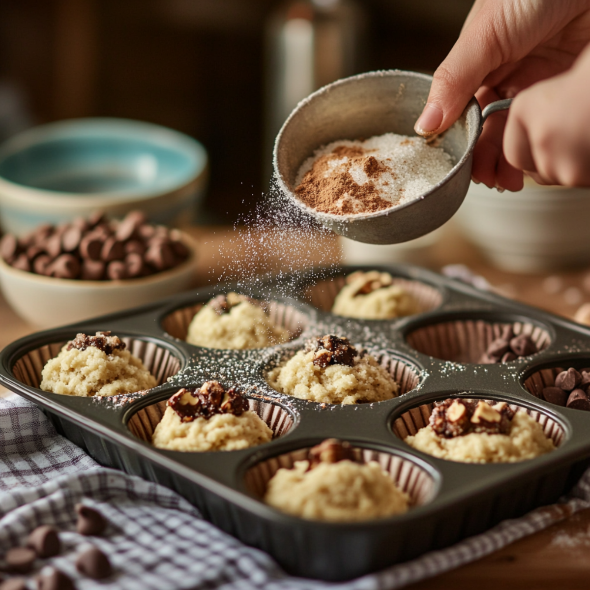 Muffin batter in a lined tin being sprinkled with cinnamon-sugar. Some topped with chocolate and walnuts. Cozy kitchen scene with soft lighting and baking tools nearby.
