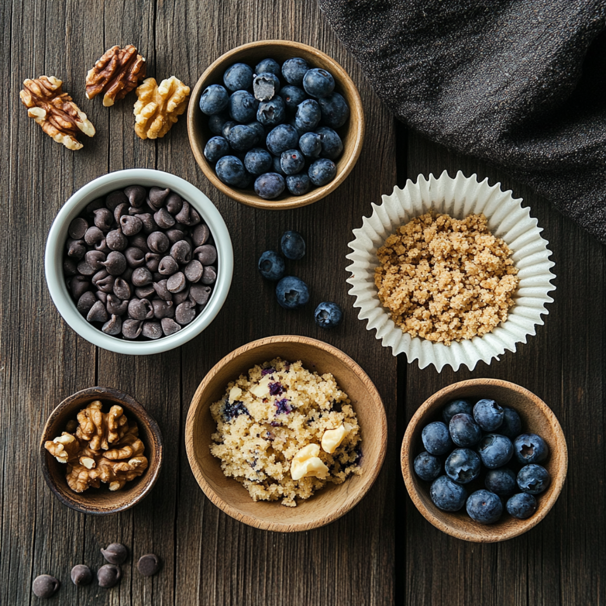 Top-down view of chocolate chips, blueberries, walnuts, and streusel topping in bowls on a wooden surface—homemade mix-ins for banana muffins.