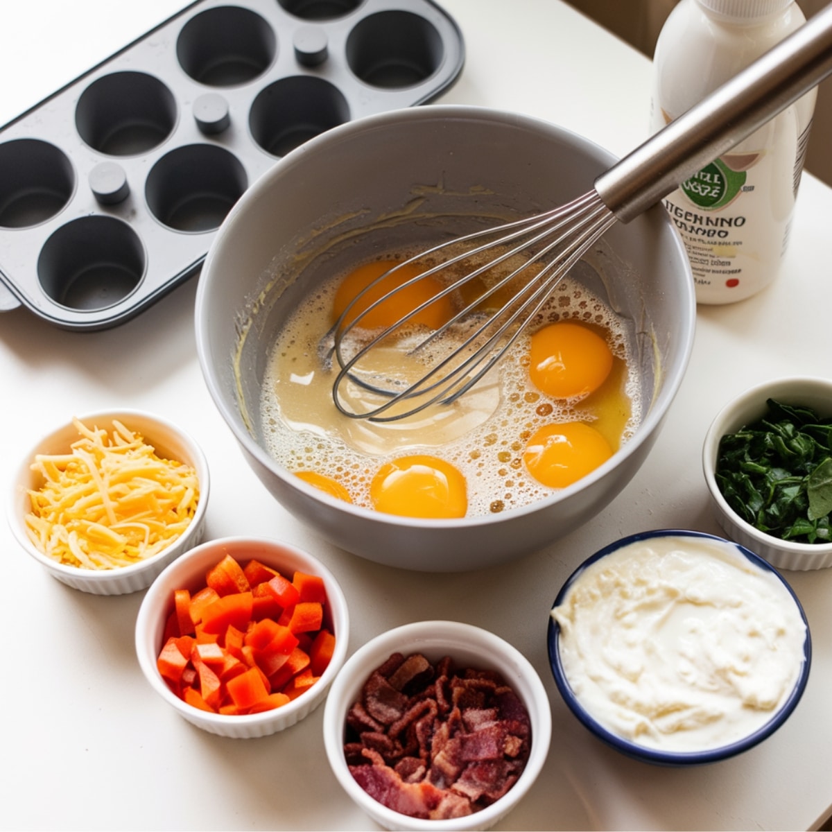 Stir together the eggs, yogurt, and seasonings.