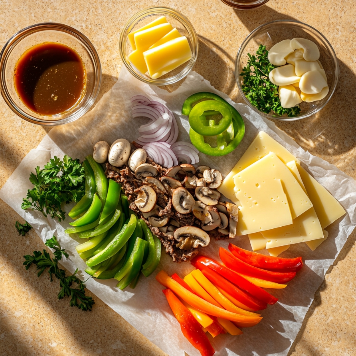 Fresh Philly cheesesteak meatloaf ingredients on parchment paper: sliced bell peppers, mushrooms, red onion, parsley, Swiss cheese, Worcestershire sauce, garlic cloves, and cubed cheese, lit by warm natural sunlight on a kitchen counter.