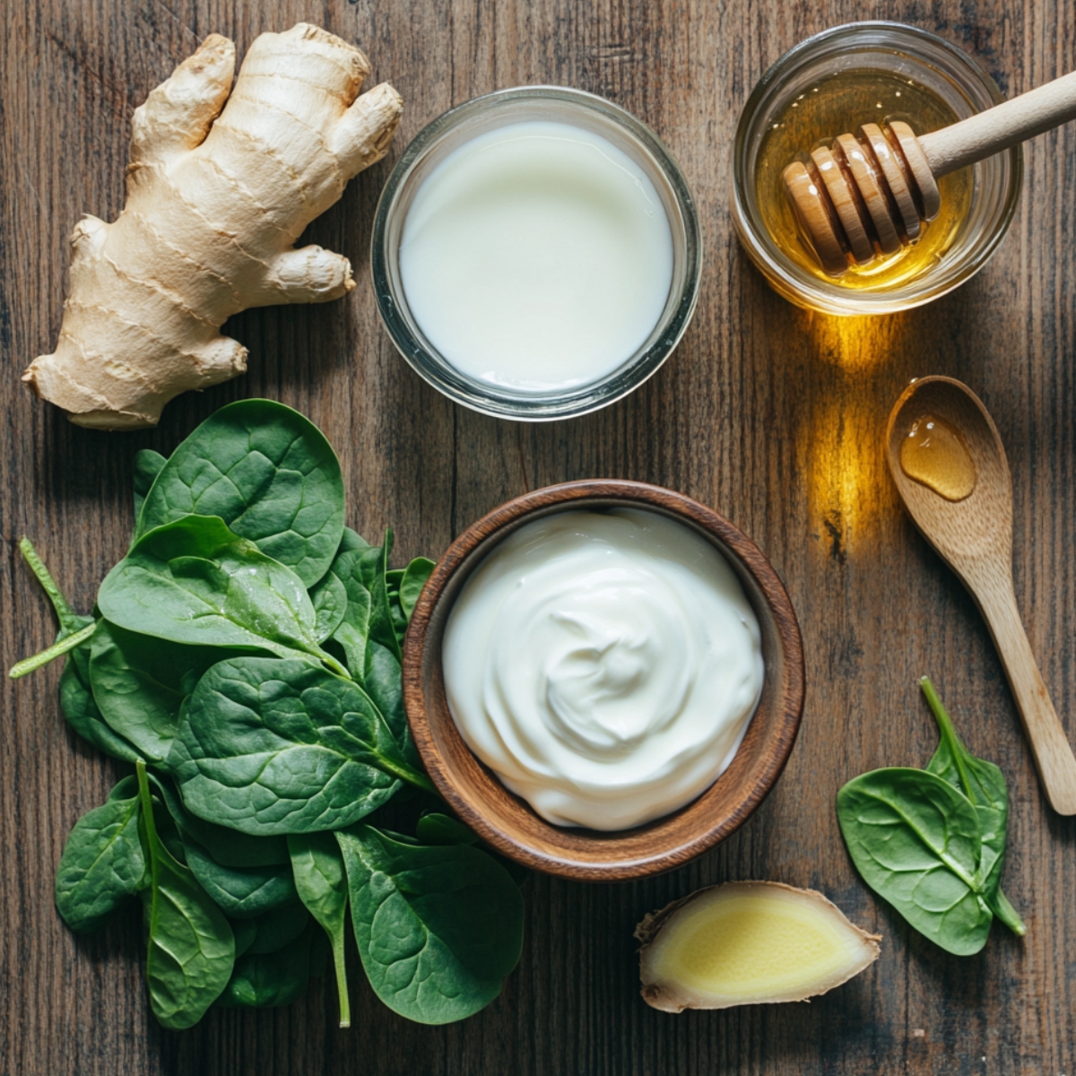 A rustic wooden table with fresh smoothie boosters: a bowl of Greek yogurt, spinach leaves, ginger root (whole and sliced), a glass of coconut water, and a bowl of honey with a wooden dipper and spoon. Soft natural lighting gives it a homemade, real-kitchen feel.