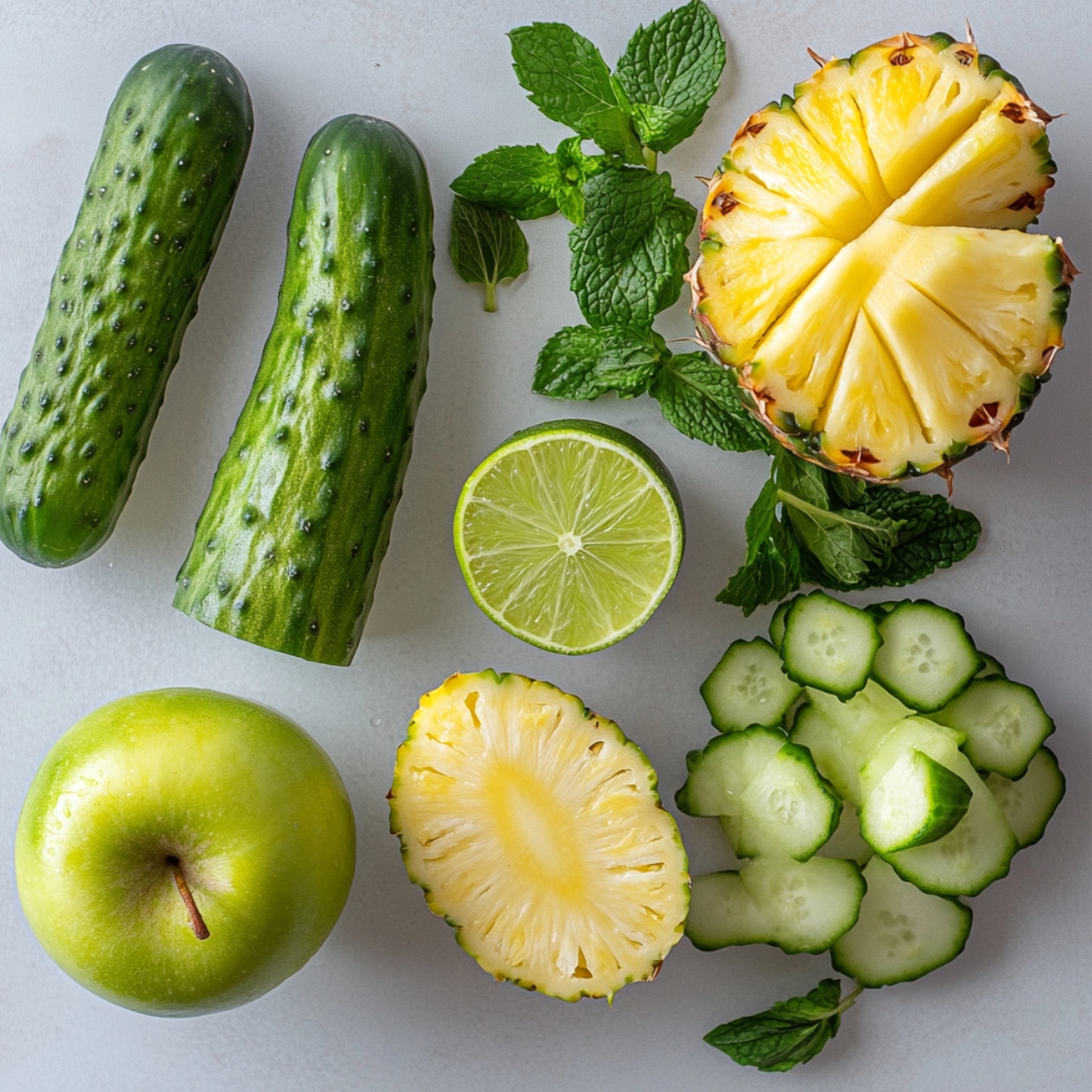 Fresh smoothie ingredients on a light gray surface: two whole Persian cucumbers (one halved), a halved lime, fresh mint leaves, a halved and sliced pineapple, a crisp green apple, and a pile of cucumber slices. Bright natural light gives it a clean, homemade feel.