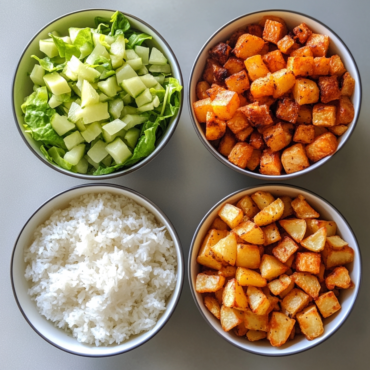 Four bowls with lettuce and cucumber, roasted potatoes, white rice, and golden potatoes on a gray counter