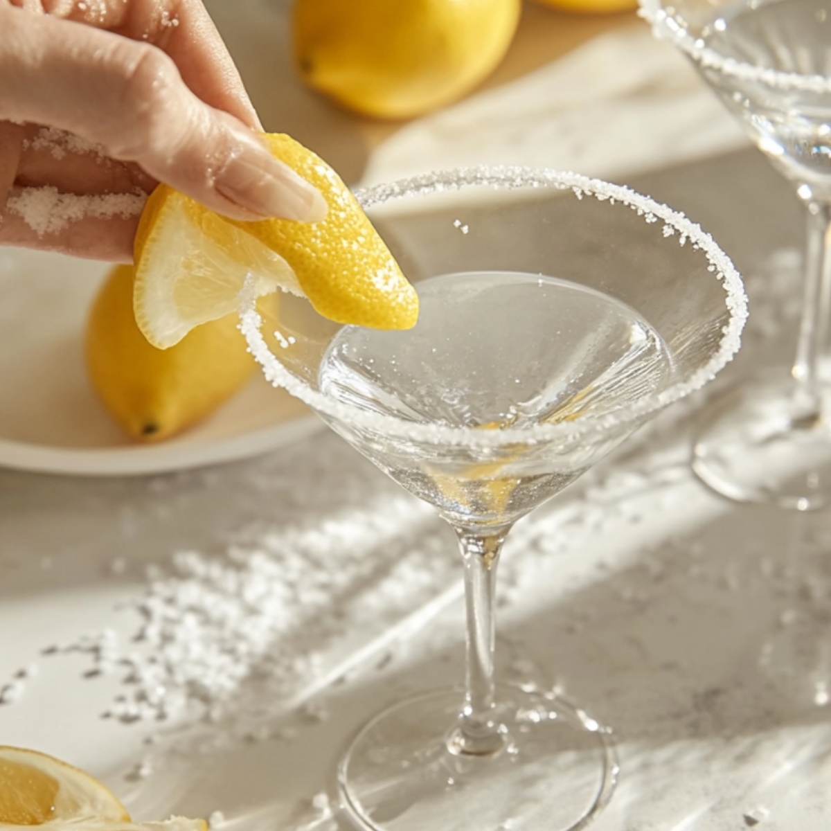 Close-up of a hand rubbing a lemon wedge on a martini glass rim to prepare it for a blueberry lemon drop martini, with coarse sugar and fresh lemons in soft natural light.