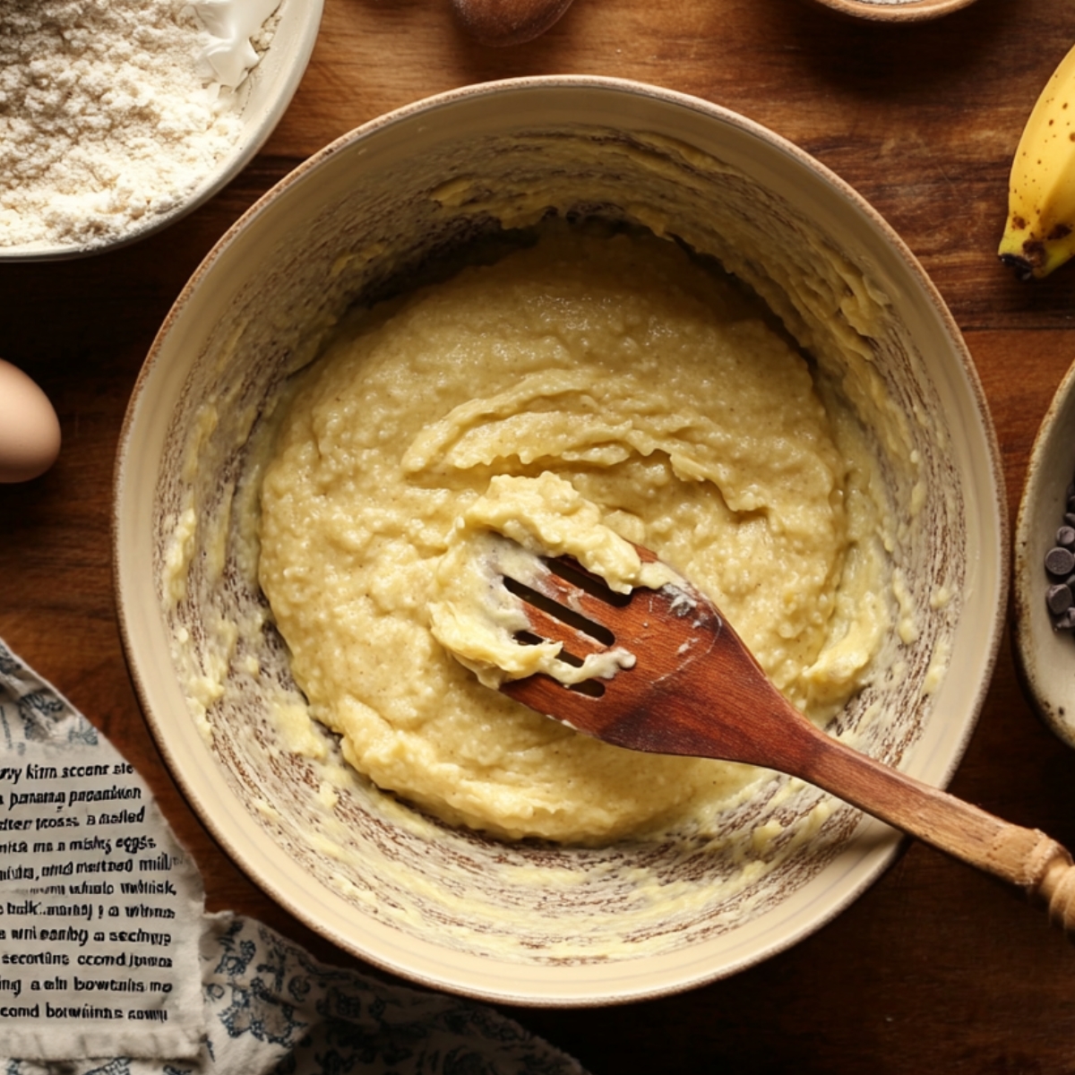 A mixing bowl of thick banana pancake batter with a wooden spoon, surrounded by ingredients like flour, eggs, bananas, and chocolate chips on a rustic wooden surface.