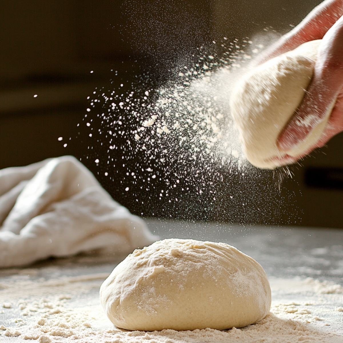Hand tossing and flouring sourdough pretzel dough on a floured counter, with a second dough ball and crumpled cloth in the background, flour caught mid-air in natural light — a cozy, real kitchen moment.