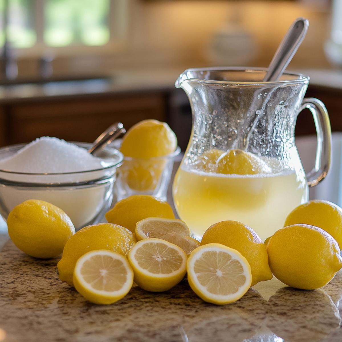 A homemade lemonade setup on a kitchen counter with a glass pitcher of fresh lemonade, whole and halved lemons, a bowl of sugar with a scoop, and natural light in a cozy kitchen setting.