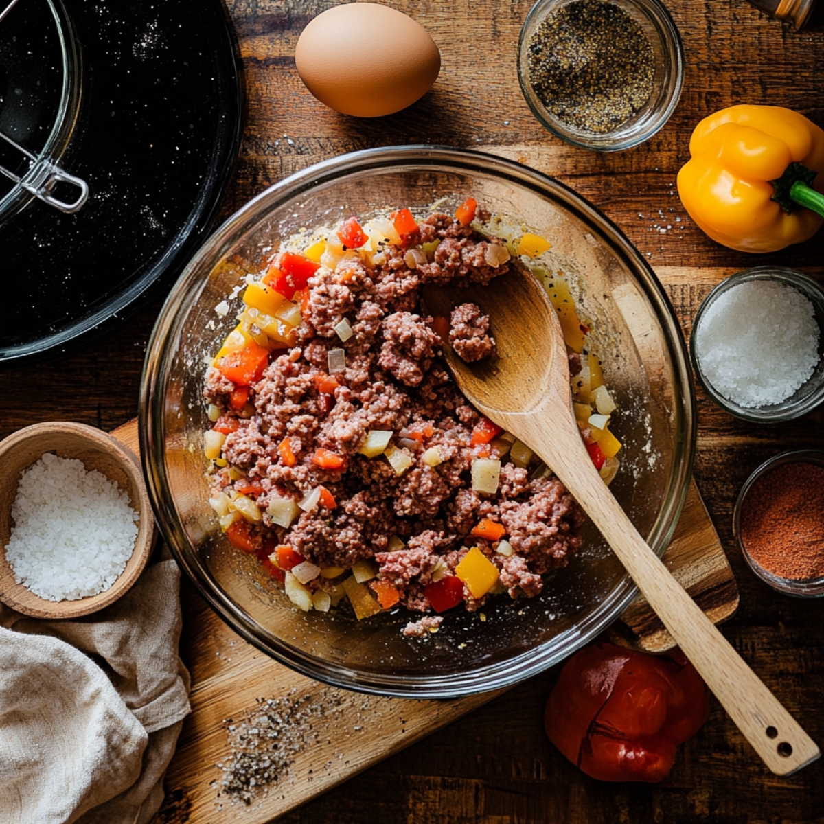 Homemade Philly cheesesteak meatloaf mix in a glass bowl with ground beef, peppers, and onions, surrounded by fresh ingredients on a rustic wooden table.