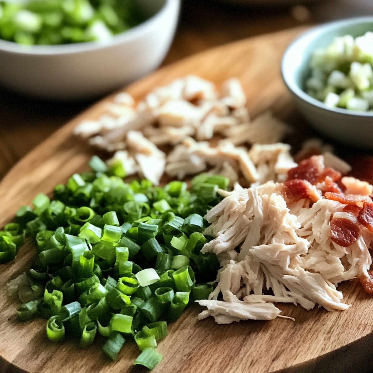 Chopped green onions, shredded chicken, and bacon bits on a wooden cutting board, ready for homemade chicken bacon ranch quesadillas.