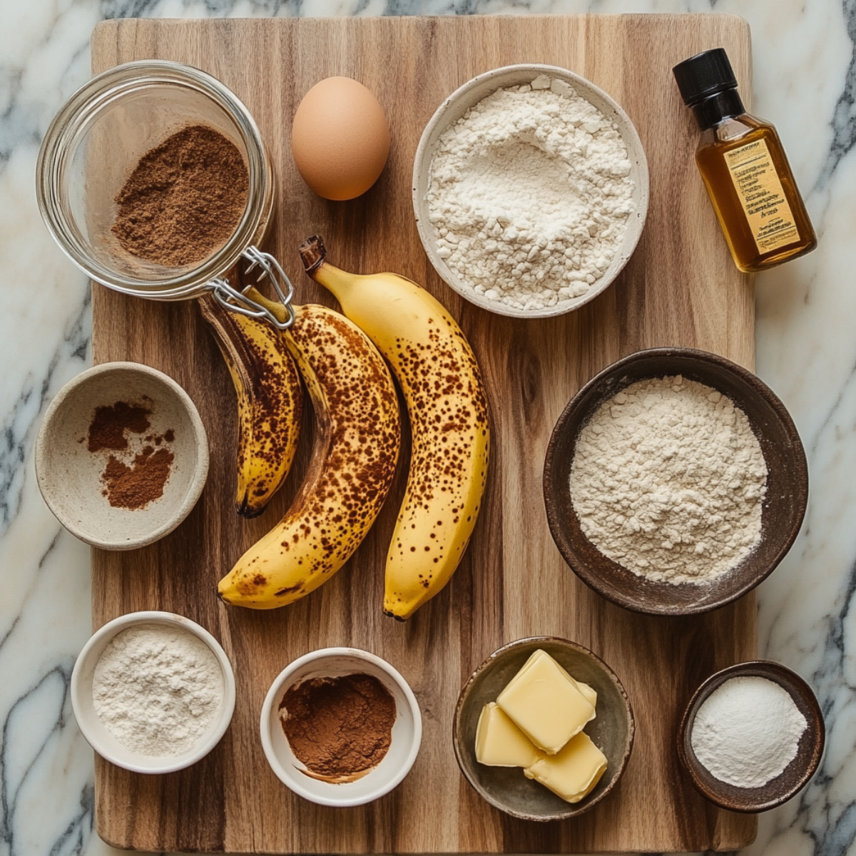 Top-down view of ripe bananas, flour, brown sugar, egg, cinnamon, vanilla, butter, baking soda, and sourdough discard on a wooden board—real, homemade muffin prep.