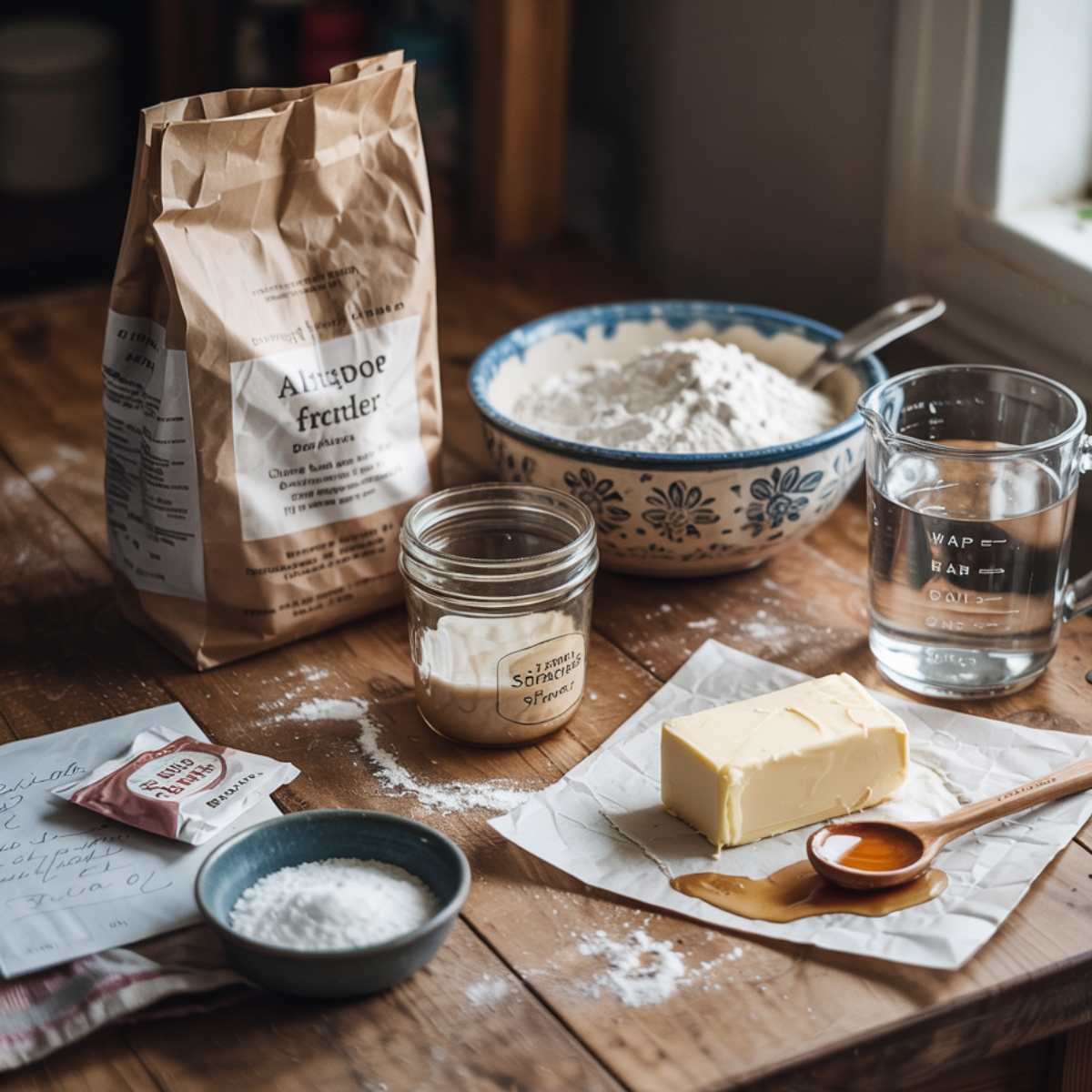 Rustic sourdough pretzel dough ingredients on a wooden table — flour, starter, butter, honey, water, salt, and yeast, with a handwritten recipe and soft natural light.