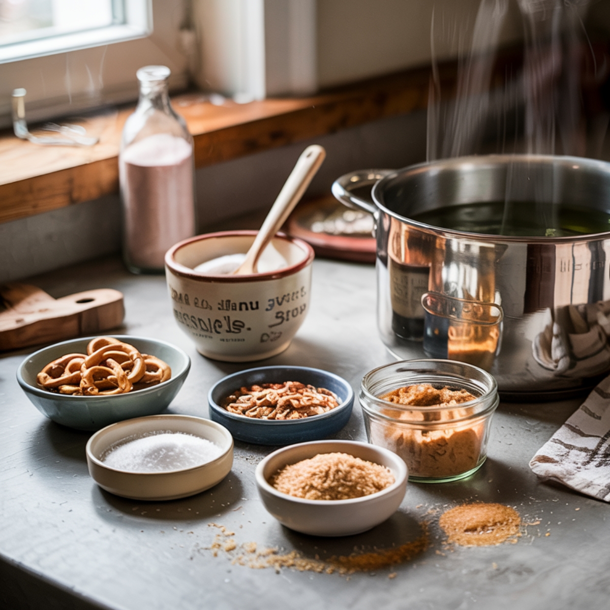 Homemade baking setup with steaming pot, bowls of baking soda, brown sugar, salt, and pretzel toppings on a messy gray counter, in warm natural light by a kitchen window.