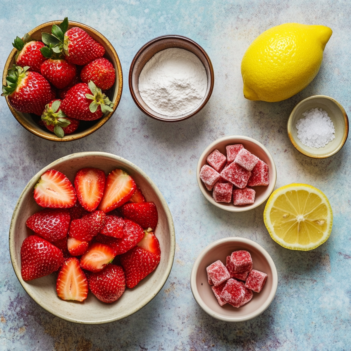 Fresh strawberries, lemon, flour, sea salt, and sugar-coated strawberry candies arranged on a pastel surface for homemade strawberry crunch cheesecake.