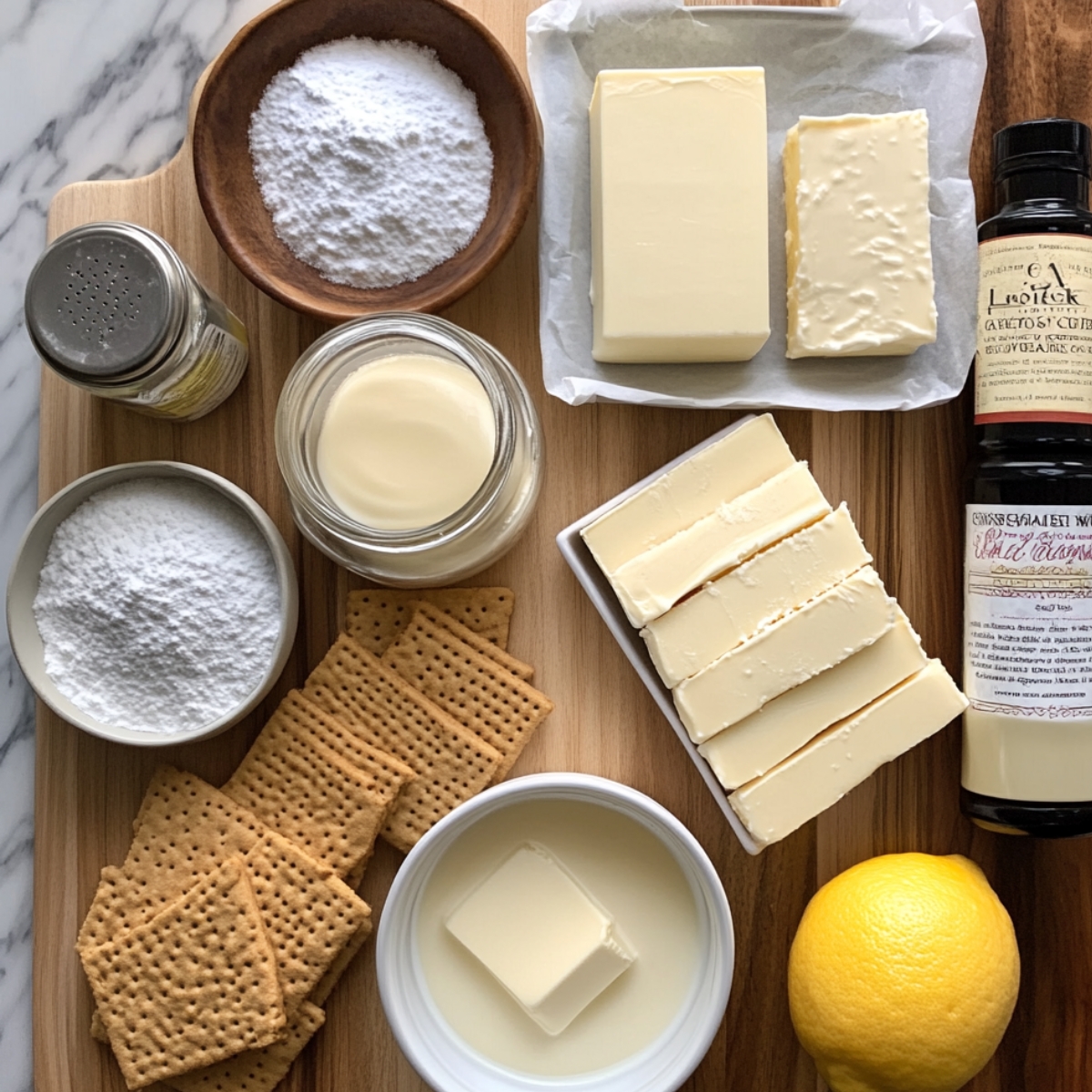 Flat lay of ingredients for homemade strawberry crunch cheesecake, including butter, cream cheese, powdered sugar, graham crackers, vanilla extract, lemon, and sweetened condensed milk on a wooden board.