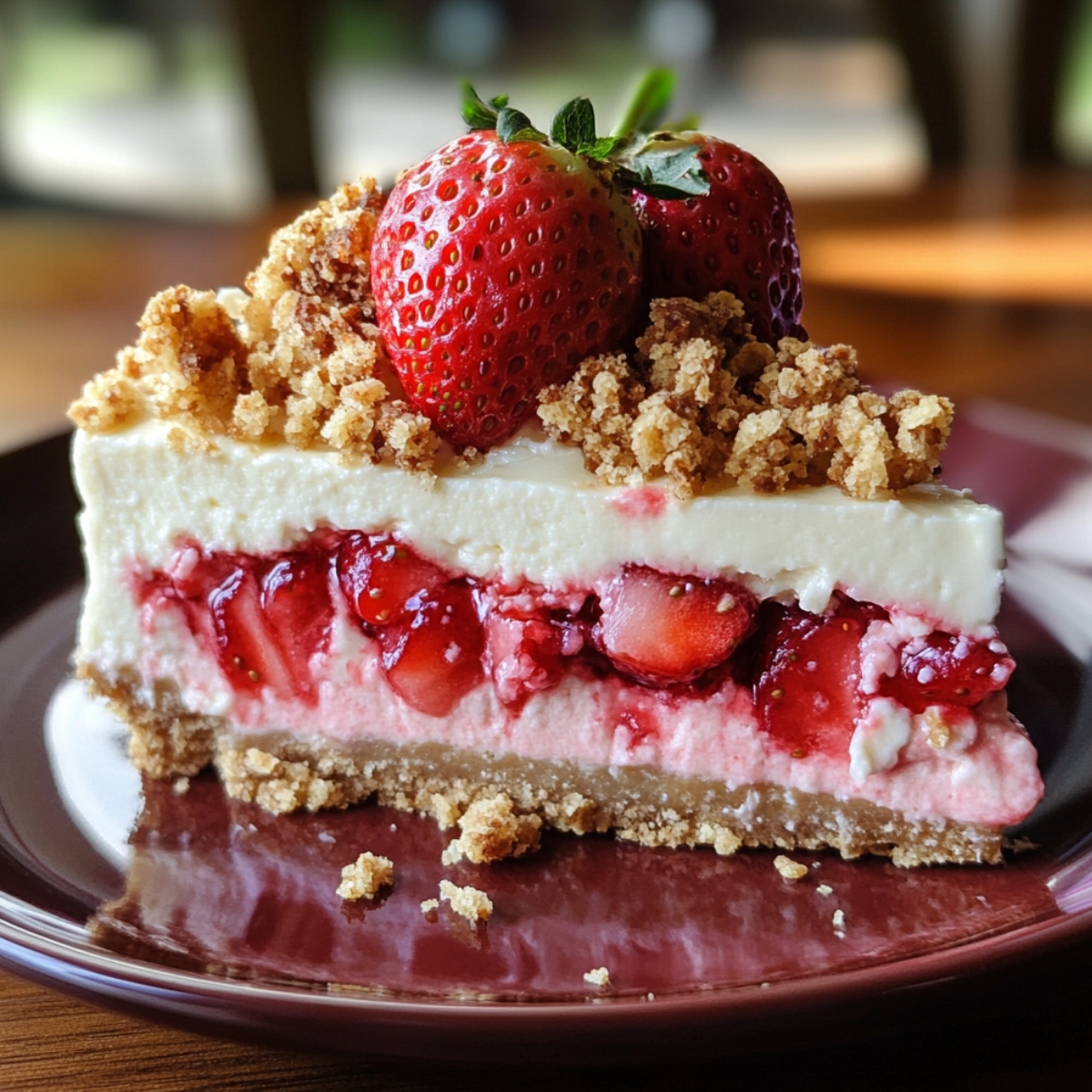 A slice of homemade strawberry crunch cheesecake with layered filling, fresh strawberries, crumble topping, and a graham cracker crust on a burgundy plate.
