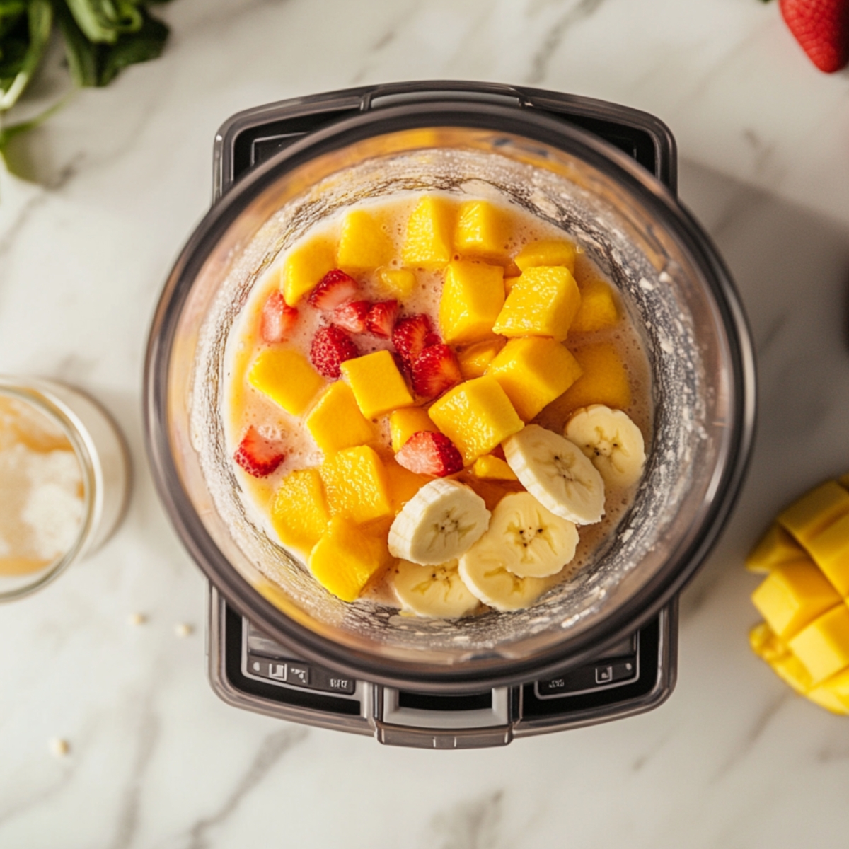 Fresh mango, banana, and strawberry chunks in a blender with milk, ready to blend into a homemade smoothie.