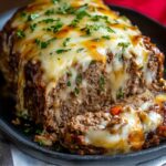 Close-up of a homemade Philly cheesesteak meatloaf, topped with melted mozzarella and cheddar cheese, sprinkled with fresh parsley. The meatloaf is sliced to reveal juicy ground beef and colorful bell peppers, served on a black plate with a rustic background.
